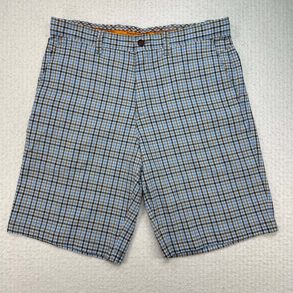 Tommy Bahama Plaid‎ Shorts Mens 32 Blue Brown Nylon Blend Performance Golf